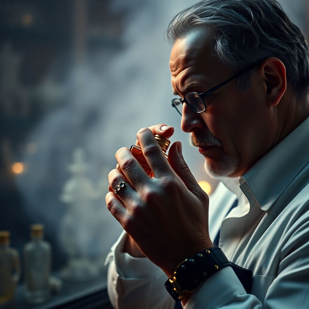 Cinematic wide shot of a master perfumer