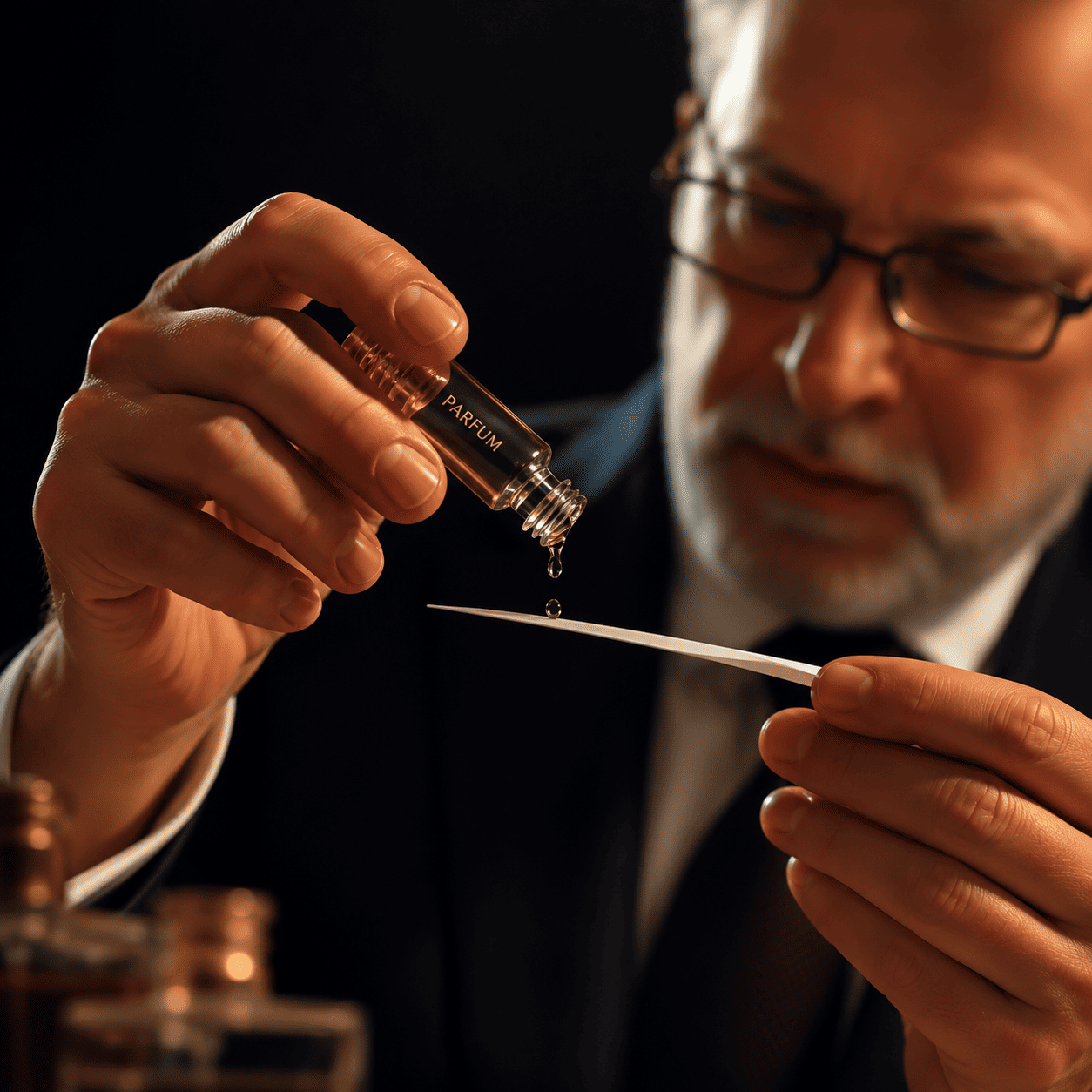 Cinematic portrait of Master Perfumer Mr. Samer Qudmani, dark luxury aesthetic, dramatic lighting, wearing elegant dark suit, thoughtful expression