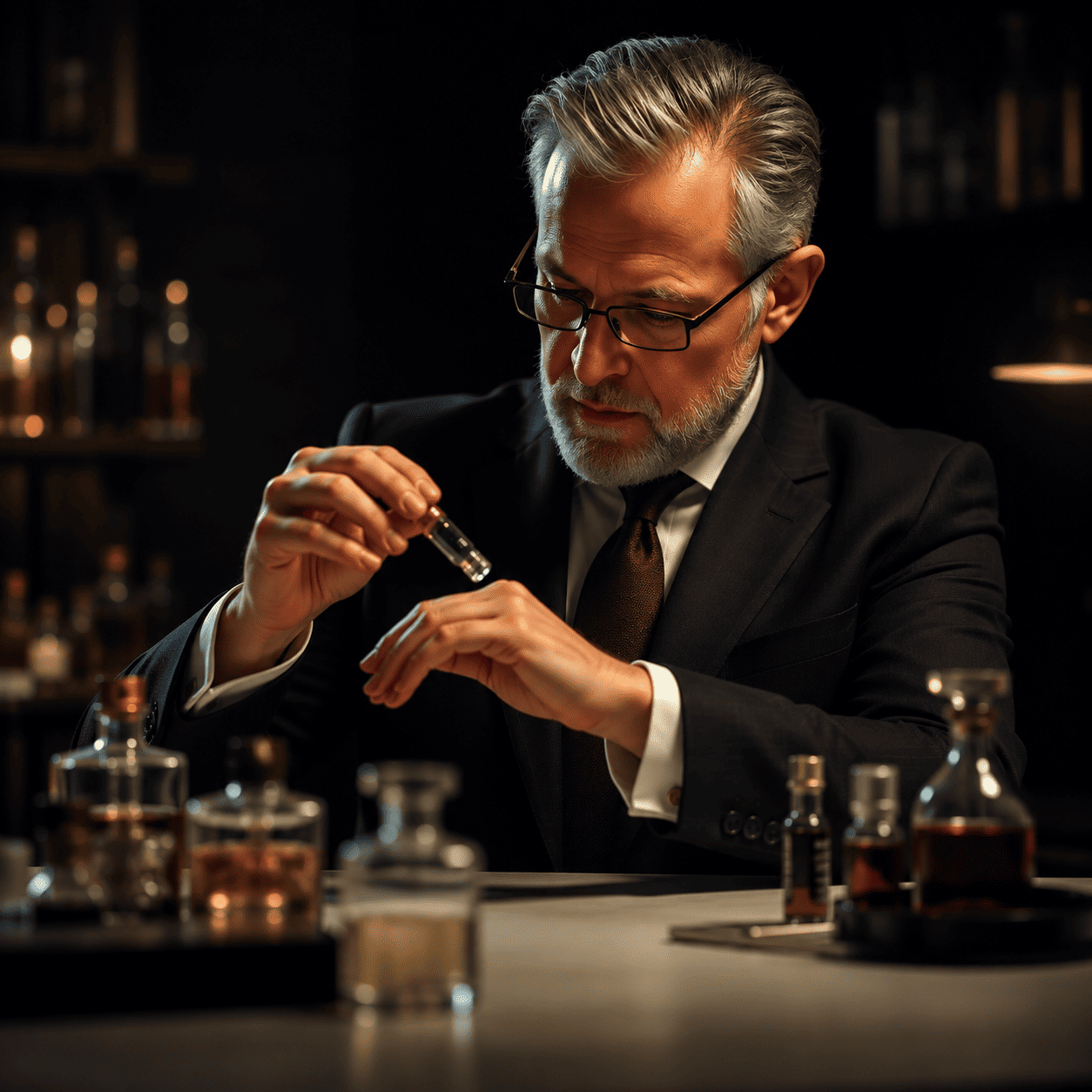 Cinematic portrait of an elegant, distinguished master perfumer, middle-aged man in a dark tailored suit, examining a glass vial, moody studio lighting, dark background, ultra high quality
