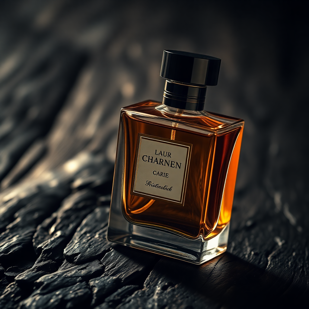 Cinematic macro shot of a luxury perfume bottle resting on dark ancient wood, dramatic lighting, gold reflections, high-end editorial style
