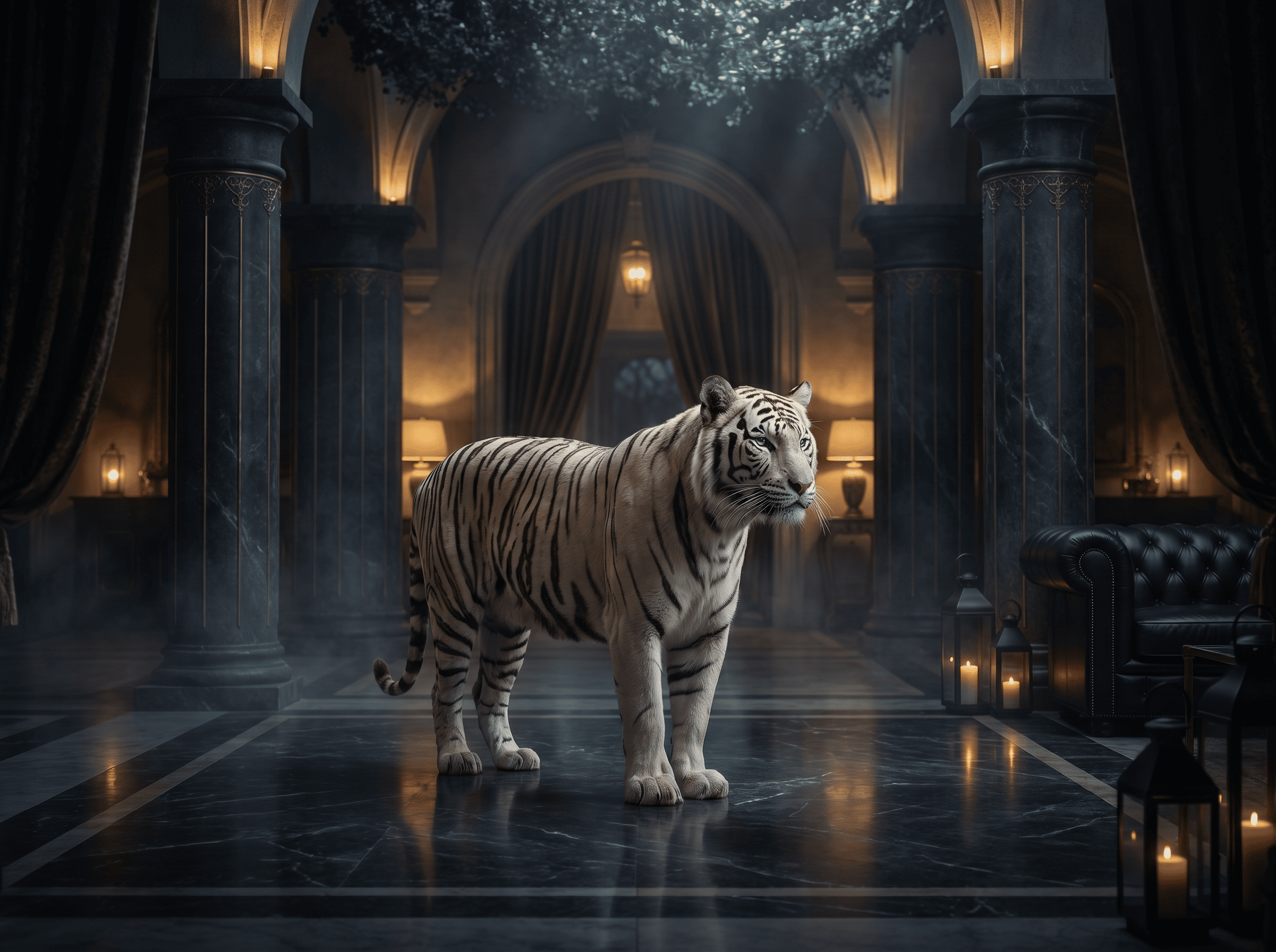 Large atmospheric image of a luxurious private estate blending with wild nature, raw power, subtle hints of white tiger presence, dark cinematic style, highly detailed
